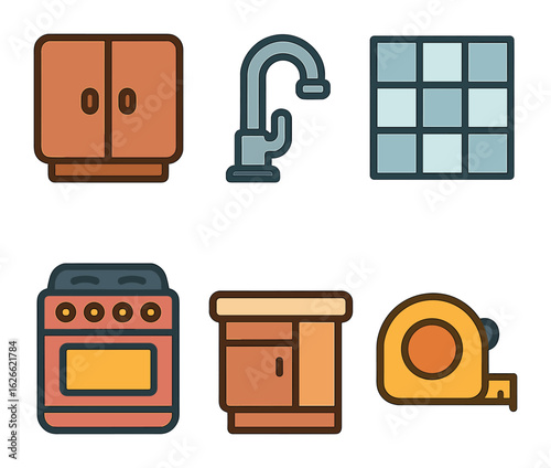 Colorful Kitchen Icons. Flat vector mini-illustrations Kitchen remodeling in colors children's illustrations: