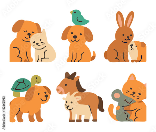 Animal Best Friends. Flat vector mini-illustrations Animal best friends in colors children's illustrations: