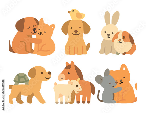 Animal Best Friends. Flat vector mini-illustrations Animal best friends in colors children's illustrations: