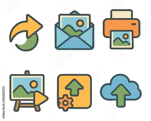 Colorful Photo Sharing Icons. Flat vector mini-illustrations Photo sharing and exporting in colors children's