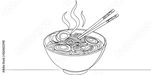 Delicious steaming ramen noodle bowl illustration, line art vector