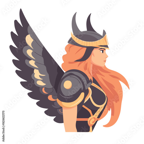 Minimal flat vector of a Valkyrie, 2D icon-style illustration on white background