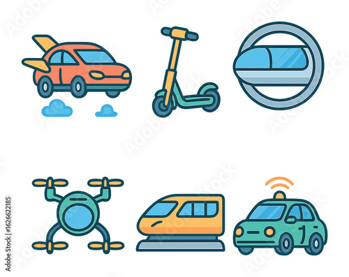 Futuristic Transport Icons. Flat vector mini-illustrations Futuristic transportation concepts in colors