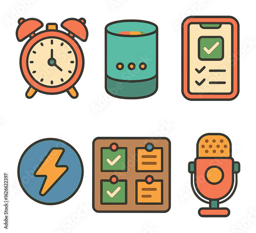 Colorful Time-Saving Tools. Flat vector mini-illustrations Time-saving tools in colors children's