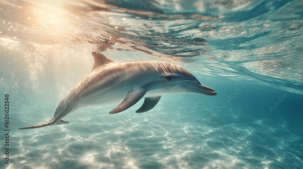 Obraz premium Dolphin Swimming Underwater in Clear Ocean Water Sunlight Reflection