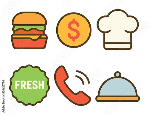 Playful Food Icons. Flat vector mini-illustrations Food flyer composition in colors children's illustrations: