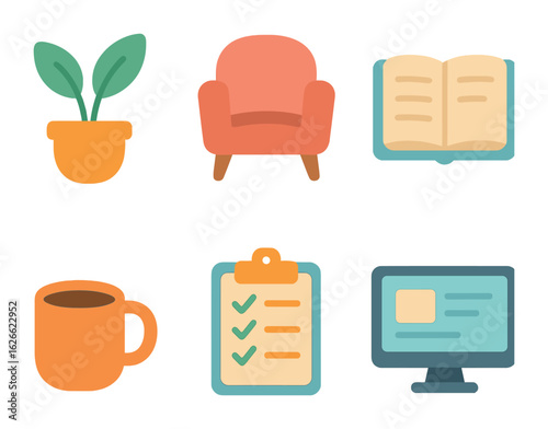 Young Entrepreneur Workspace. Flat vector mini-illustrations Young entrepreneur workspace in colors children's