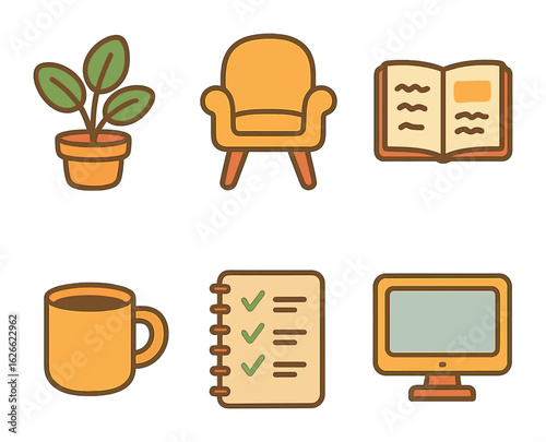 Young Entrepreneur Workspace. Flat vector mini-illustrations Young entrepreneur workspace in colors children's