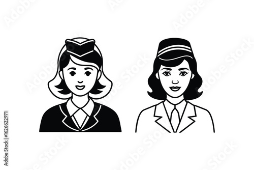 Two smiling flight attendants in uniform with hats depicted in a charming black and white sketch silhouette style representing air travel and service