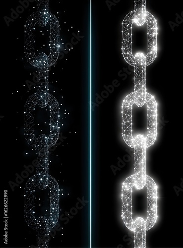 Abstract chain, digital art, two chains.  One dark gray, one light gray.  Chains composed of glowing, interconnected pixels.  Vertical alignment, contrasted against a black background