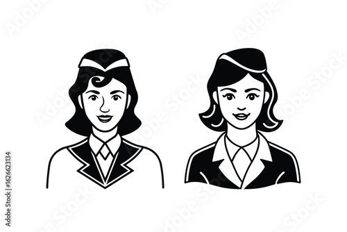 Two vintage style female flight attendants in uniform with hats and collars shown from the chest up in a black and white illustration silhouette