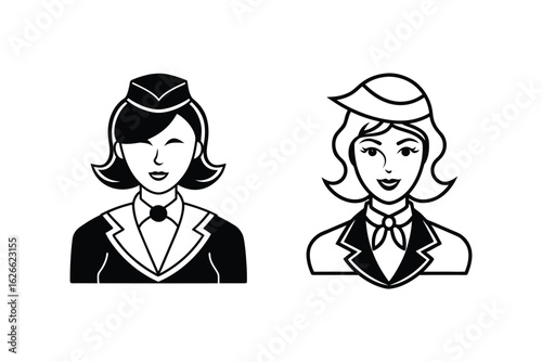Two smiling flight attendant portraits in a distinctive black and white sketch silhouette style representing airline crew and travel services