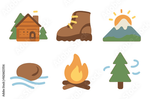 Mountain Retreat Icons. Flat vector mini-illustrations Mountain retreat in colors children's illustrations: