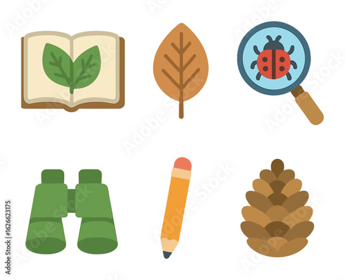 Nature Journaling Icons. Flat vector mini-illustrations Nature journaling for wellness in colors children's