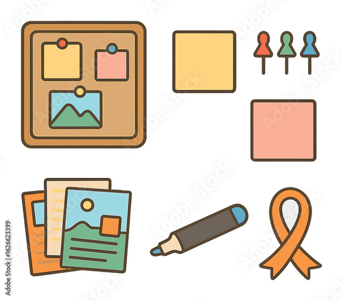 Vision Board Tools. Flat vector mini-illustrations Vision board materials and tools in colors children's