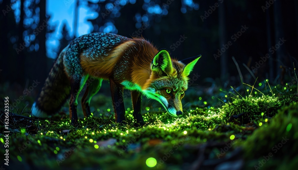 Fototapeta premium Glowing Fox in Enchanted Forest at Night Magical Woodland Scene.