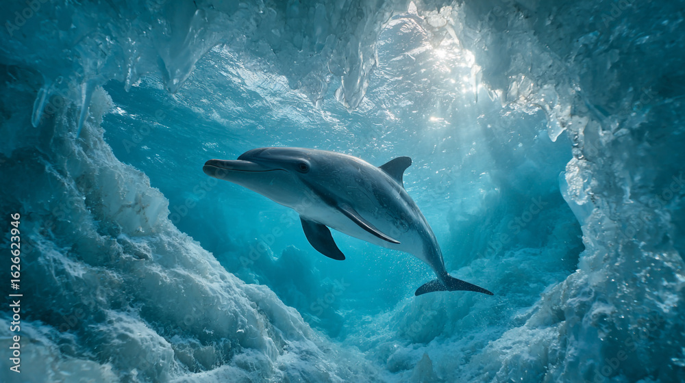 Fototapeta premium Dolphin Swimming in Ice Cave Underwater Sunlight Marine Animal Wildlife
