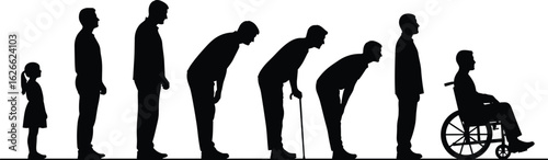 Human life stages silhouette, aging process illustration, child to elderly, wheelchair user, health journey, generational change, life cycle progression