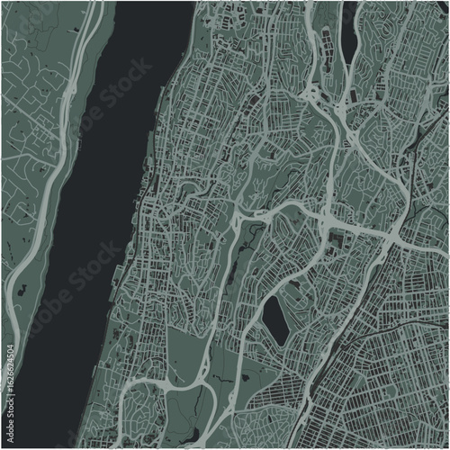 Map of Yonkers in New York in a smooth dark style. Contains layered vector with roads water, parks, etc.