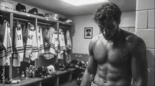 Intense Hockey Player in Locker Room Before Game Preparation, Muscular Athlete with Focused Expression, Sports Team Environment