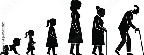 Life cycle illustration, human growth stages, aging process, family generation silhouette, educational concept, health awareness, evolution of development, aging transition