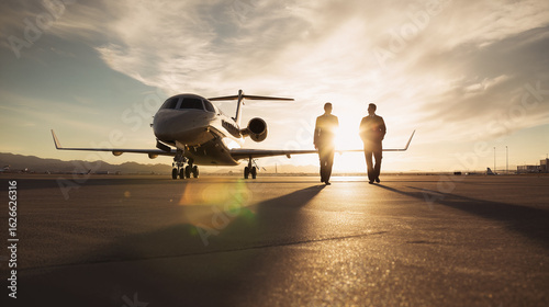 Two pilots walk towards a private jet on an airport runway during sunset. The scene captures the essence of aviation and travel.