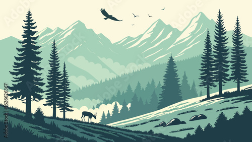 Illustration of a mountain landscape with pine trees deer and flying birds in a peaceful outdoor scene