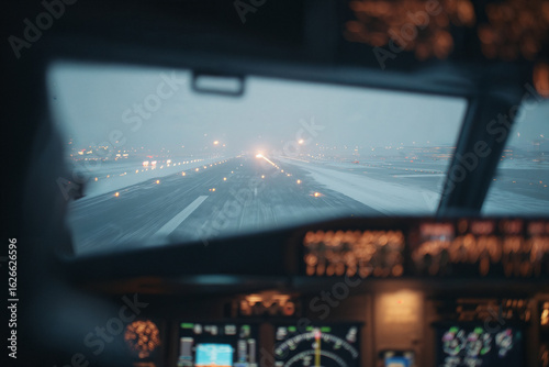 Cockpit view of an airplane landing on a snowy runway. The dashboard displays various instruments and lights. Snowflakes are visible outside the cockpit.