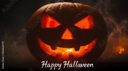 Glowing Jack O’Lantern Pumpkin with Happy Halloween Text and Smoky Background
