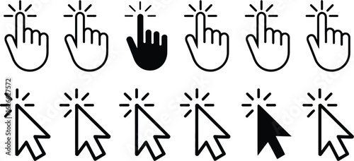 Set of Click Cursor Icons - Mouse Pointer and Hand Pointer with Click Spark in Outline and Solid Style