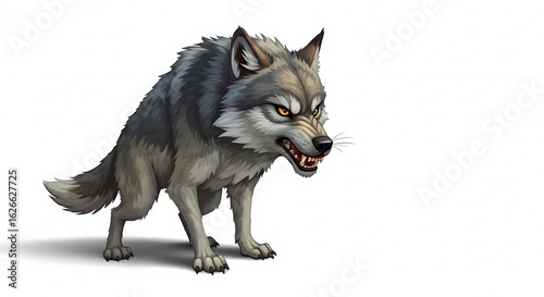 cartoon angry wolf on the left side, isolated on white background, ample copy space on the right for text. ,hyper realistic digital art ,isolated on bright background