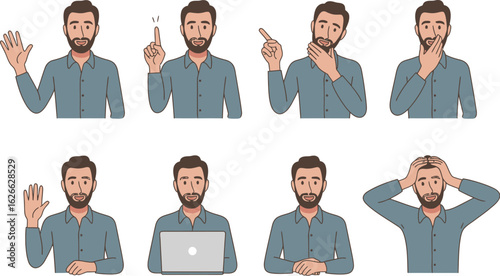 Set of Man with Beard and Man Bun Expressions - Stop, Idea, Concentration, Surprise, Stress, and Working Pose