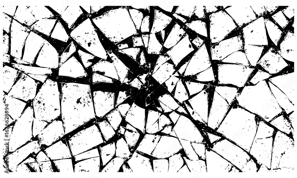 Distressed shattered glass texture in grunge punk style for overlay on CD album covers or vintage wallpapers. Vector illustration of broken, cracked, vandalized window glass