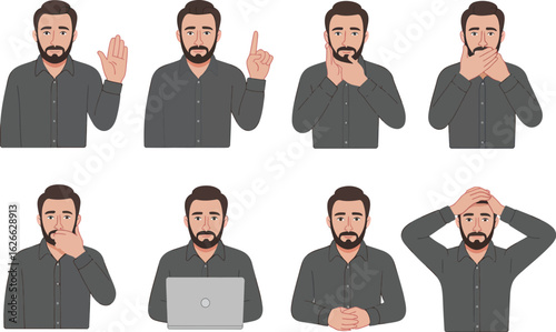 Set of Man with Beard and Man Bun Expressions - Stop, Idea, Concentration, Surprise, Stress, and Working Pose