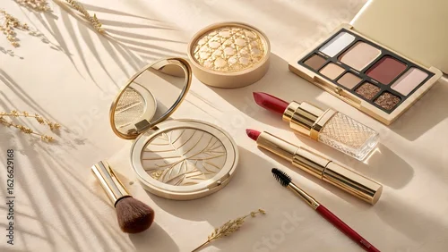 Obraz Luxurious makeup products arranged with soft lighting and natural elements