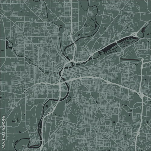Map of Dayton in Ohio in a smooth dark style. Contains layered vector with roads water, parks, etc.