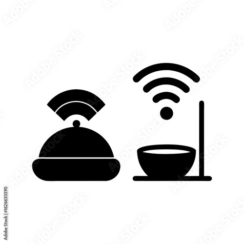 Pet feeder with wifi signal and food bowl in silhouette for smart pet care devices