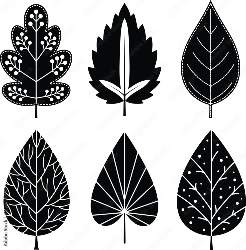 Fototapeta premium Stylized Black and White Leaf Silhouettes Set