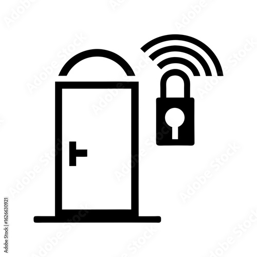 Smart door icon with lock and signal mark for secure entry and home automation tools