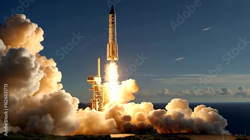 A rocket racing toward space through the atmosphere. 4k