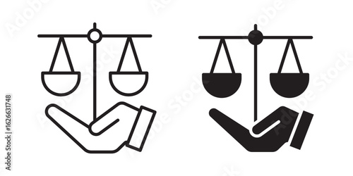Justice scales in Hand icon, outline style icon for web site or mobile app, vector graphics