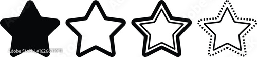 Set of Four Star Rating Icons in Different Styles - Solid, Outline, Double Border, and Dotted Line