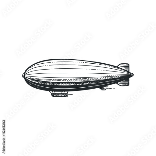 Detailed Monochrome Illustration of a Vintage Airship on White Background