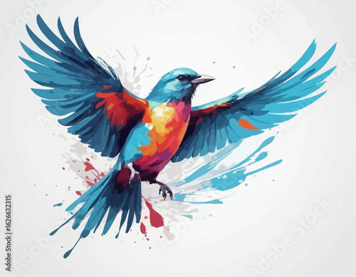 This is a dynamic and colorful watercolor style illustration of a bird, possibly a kingfisher or a similar small bird. The bird is captured in a mid-movement pose, as if landing or taking o (23)