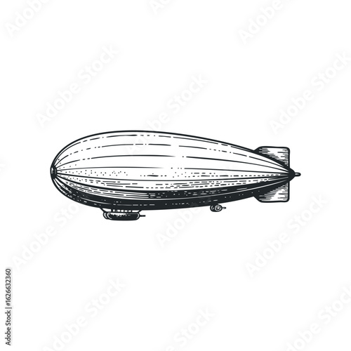 Monochromatic vintage airship or dirigible, side view, showing hatch marks and propeller