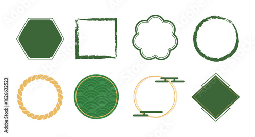 和風テイストの多角形・円形フレーム素材セット（装飾枠 ラベル パーツ ベクター 青 抹茶 緑 日本 japanese）