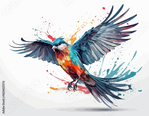 This is a dynamic and colorful watercolor style illustration of a bird, possibly a kingfisher or a similar small bird. The bird is captured in a mid-movement pose, as if landing or taking o (23)