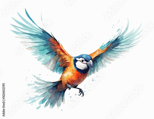 This is a dynamic and colorful watercolor style illustration of a bird, possibly a kingfisher or a similar small bird. The bird is captured in a mid-movement pose, as if landing or taking o (23)