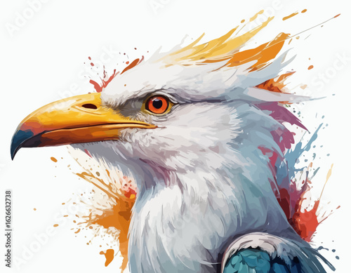This is a dynamic and colorful watercolor style illustration of a bird, possibly a kingfisher or a similar small bird. The bird is captured in a mid-movement pose, as if landing or taking o (23)