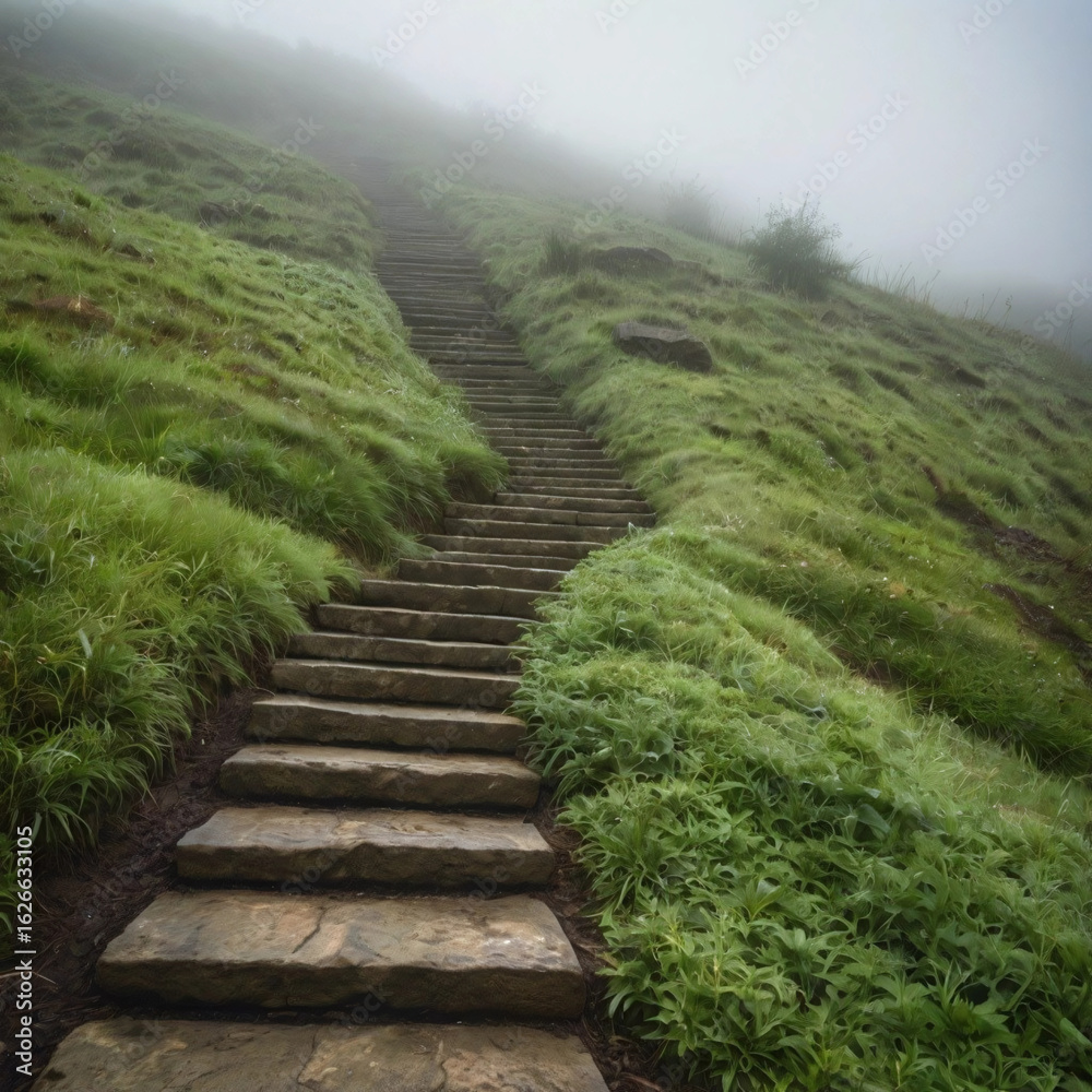 Obraz premium Stone Stairway Ascending: A stone stairway ascends a misty green hillside, beckoning upward into a realm of mystery, leading through the landscape and towards the unknown